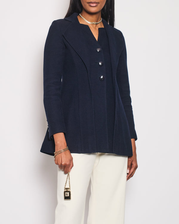 Chanel Navy Tweed Long-Sleeve Double Collared Jacket with CC Buttons Size FR 34 (UK 6)