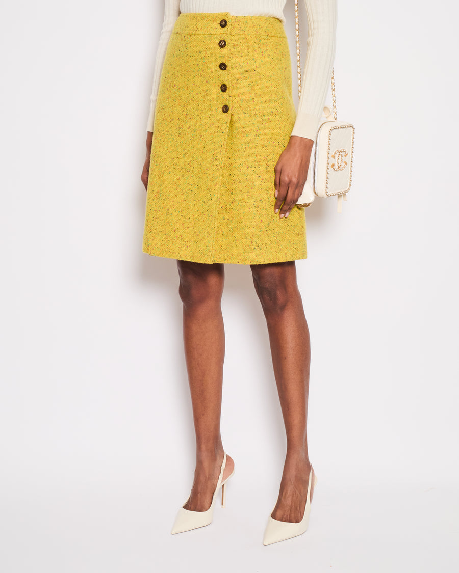 Chanel Yellow Tweed Midi Skirt with Wooden CC Logo Detail Button Size FR 38 (UK 10)