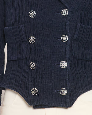 Chanel Navy Tweed Cropped Sleeve Jacket with Black, Silver Check Round CC Logo Buttons Size FR 34 (UK 6)