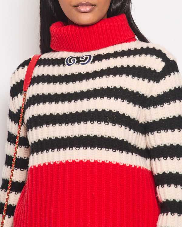 Gucci Black, White & Red Stripe Chunky Knit Turtleneck Jumper With GG Logo Detail Embroidery Size Small (UK 6)