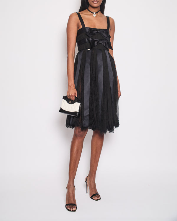 Chanel Black Pleated Lace Sleeveless Midi Dress with Navy Silk Bow Details Size FR 38 (UK 10)