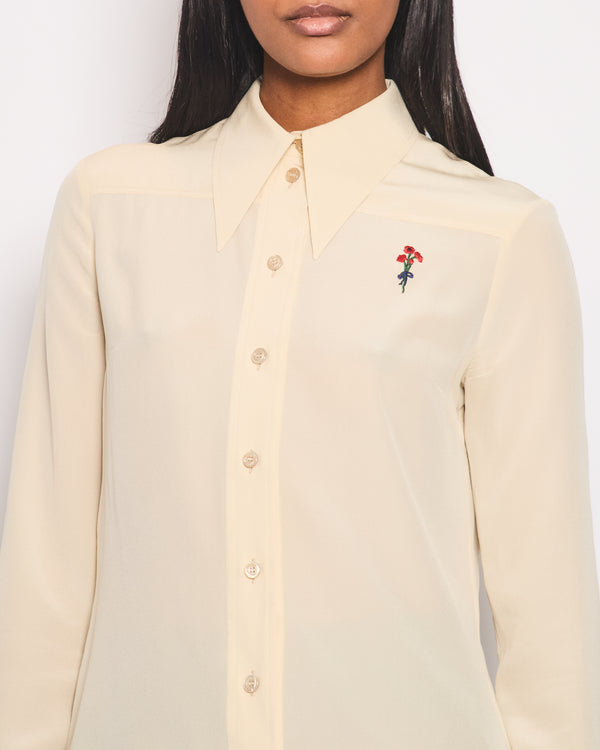 Gucci Cream Silk Long Sleeve Shirt with Rose Embroidery Detail Size IT 38 (UK 6)