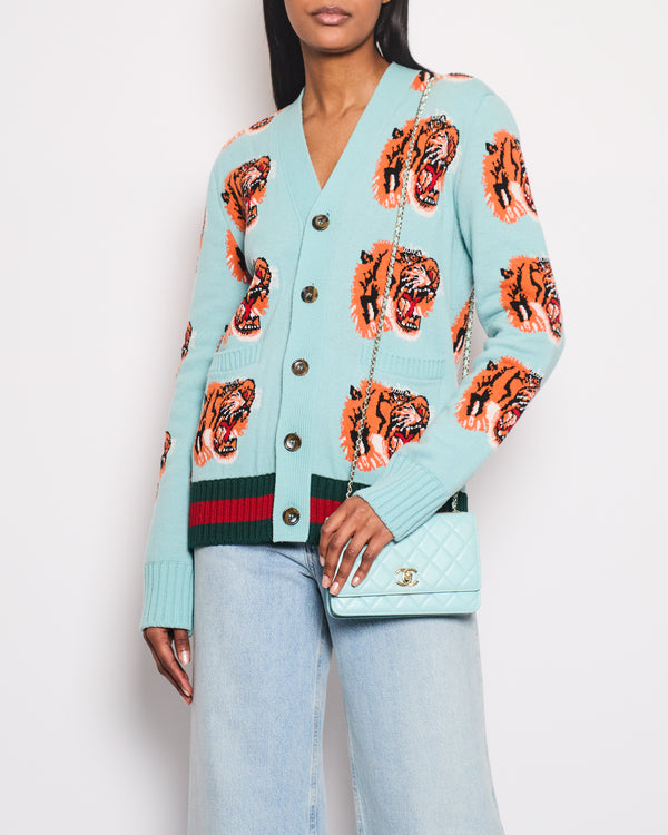 Gucci Baby Blue Knitted Wool Cardigan with Tigers Print Detail Size XS (UK 6)