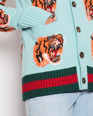 Gucci Baby Blue Knitted Wool Cardigan with Tigers Print Detail Size XS (UK 6)