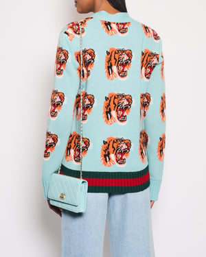 Gucci Baby Blue Knitted Wool Cardigan with Tigers Print Detail Size XS (UK 6)