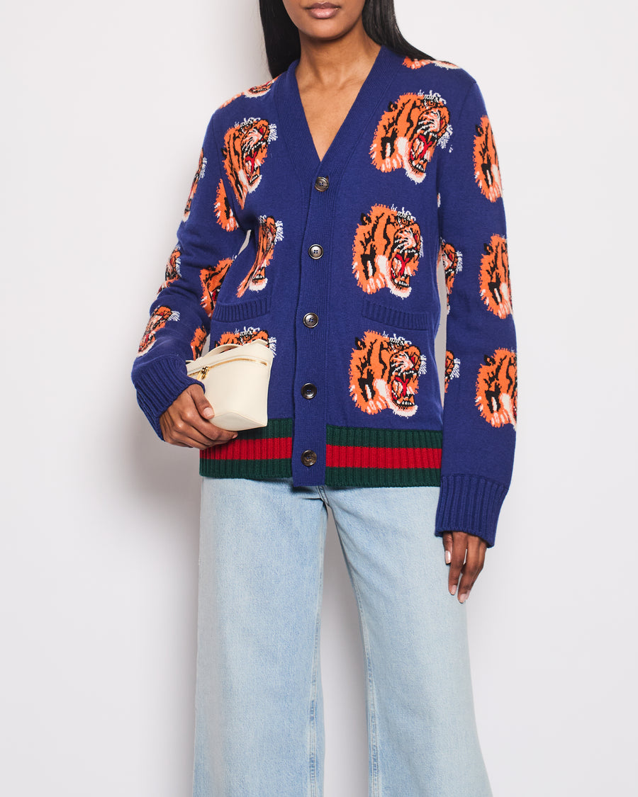 Gucci Electric Blue Knitted Wool Cardigan with Tigers Print Detail Size XS (UK 6)