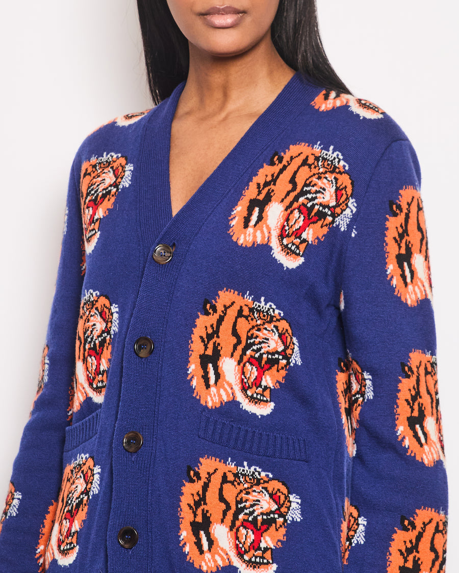 Gucci Electric Blue Knitted Wool Cardigan with Tigers Print Detail Size XS (UK 6)