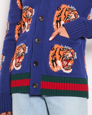 Gucci Electric Blue Knitted Wool Cardigan with Tigers Print Detail Size XS (UK 6)