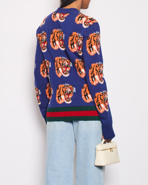 Gucci Electric Blue Knitted Wool Cardigan with Tigers Print Detail Size XS (UK 6)