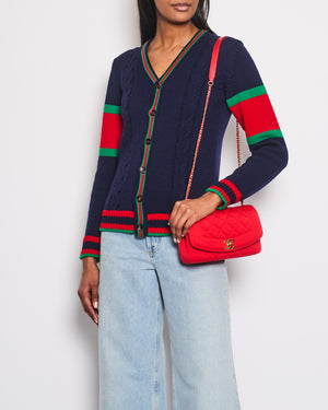 Gucci Navy Knitted Cardigan with Green & Red Striped Trim Detail Size UK 12