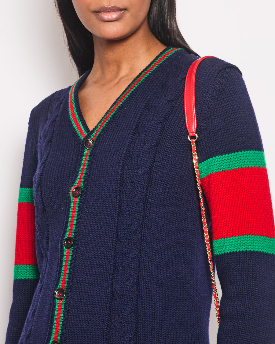 Gucci Navy Knitted Cardigan with Green & Red Striped Trim Detail Size UK 12