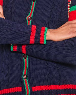 Gucci Navy Knitted Cardigan with Green & Red Striped Trim Detail Size UK 12