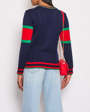 Gucci Navy Knitted Cardigan with Green & Red Striped Trim Detail Size UK 12