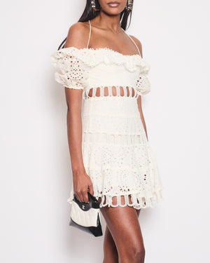 Zimmermann White Off-The-Shoulder Crochet Mini Dress Size 0 (UK 6)