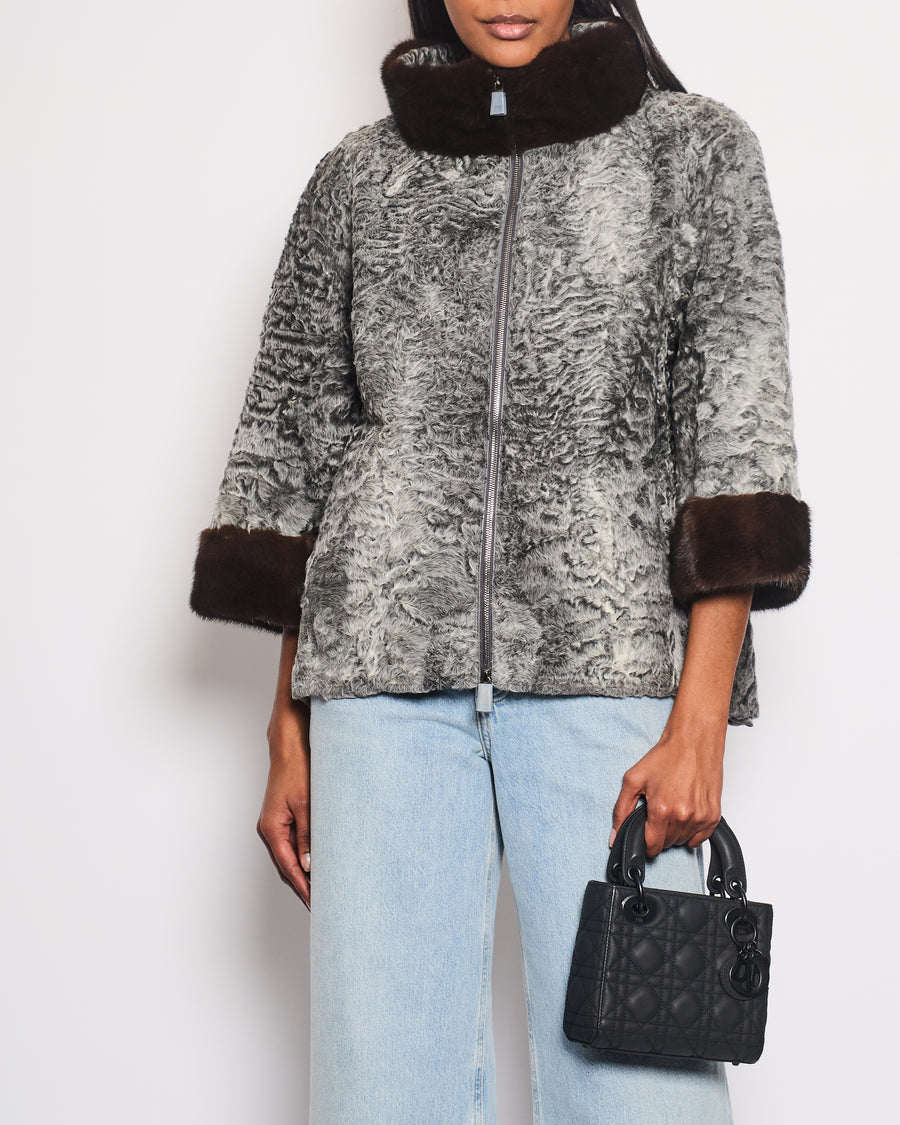 Adamo Grey Sakkara Jacket with Cropped Mink Sleeve Detail Size IT 46 (UK 14) RRP: £4,500