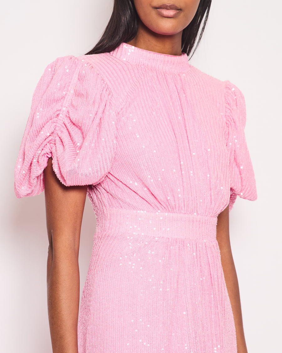 Rotate Pink Sequin Backless Ruched Shoulder Midi Dress Size FR 38 (UK 8)