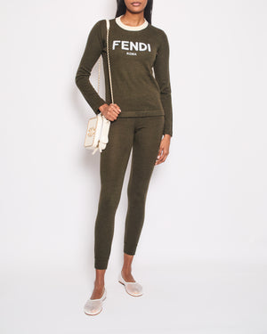 Fendi Khaki Logo Long Sleeve Top with Matching Leggings Size IT 38 (UK 6)