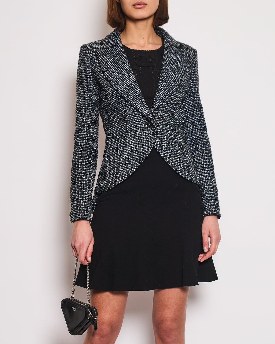 Chanel Black & Grey Metallic Tweed Curved Hem Jacket with Ruthenium CC Button Detail FR 36 (UK 8)