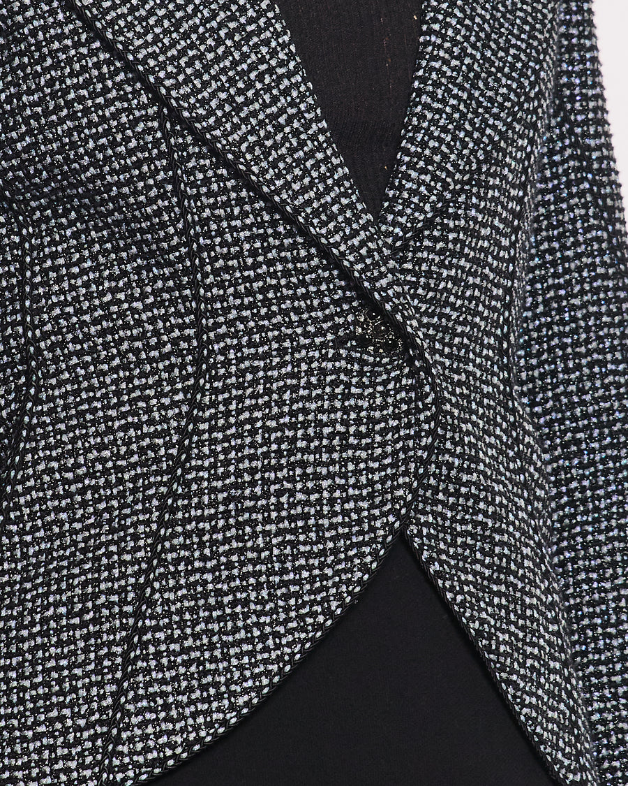 Chanel Black & Grey Metallic Tweed Curved Hem Jacket with Ruthenium CC Button Detail FR 36 (UK 8)