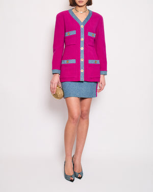 Chanel Fuchsia Pink Tweed Longline Blazer and Mini Skirt Set with Denim Trim & Gold Logo Button Detail Size FR 40 (UK 12)