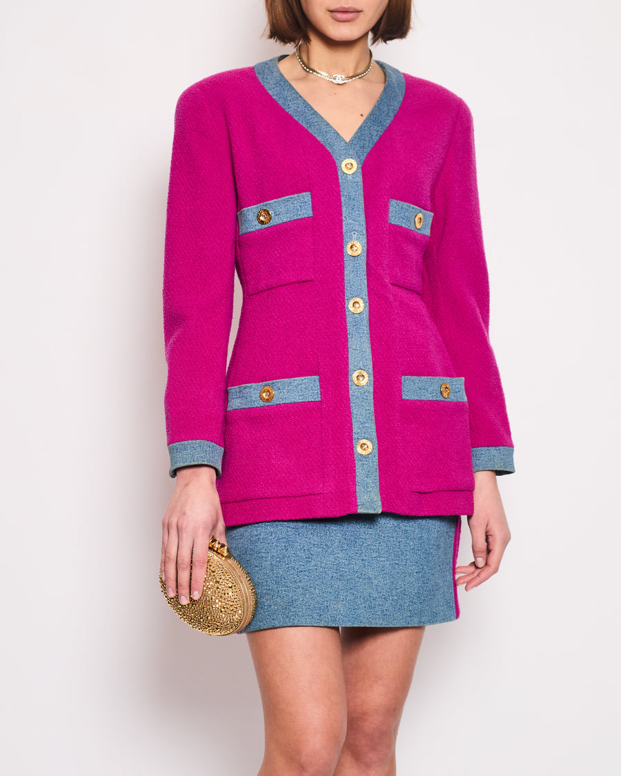 Chanel Fuchsia Pink Tweed Longline Blazer and Mini Skirt Set with Denim Trim & Gold Logo Button Detail Size FR 40 (UK 12)