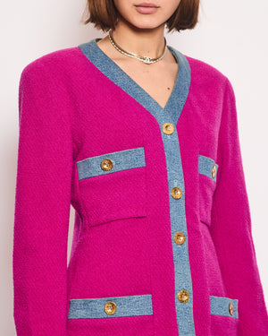 Chanel Fuchsia Pink Tweed Longline Blazer and Mini Skirt Set with Denim Trim & Gold Logo Button Detail Size FR 40 (UK 12)