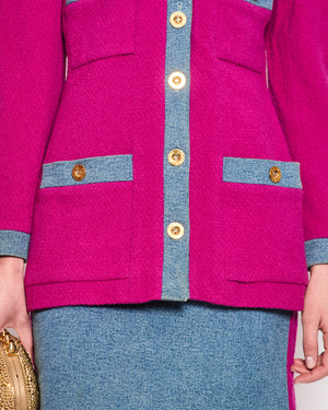 Chanel Fuchsia Pink Tweed Longline Blazer and Mini Skirt Set with Denim Trim & Gold Logo Button Detail Size FR 40 (UK 12)