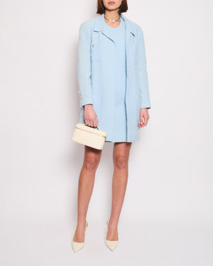 Chanel 97C Light Blue Tweed Longline Blazer and Midi Dress Set with Perspex & Gold CC Button Detail Size FR 40 (UK 12)