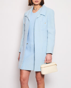 Chanel 97C Light Blue Tweed Longline Blazer and Midi Dress Set with Perspex & Gold CC Button Detail Size FR 40 (UK 12)