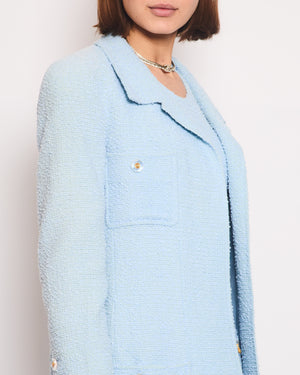 Chanel 97C Light Blue Tweed Longline Blazer and Midi Dress Set with Perspex & Gold CC Button Detail Size FR 40 (UK 12)