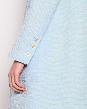 Chanel 97C Light Blue Tweed Longline Blazer and Midi Dress Set with Perspex & Gold CC Button Detail Size FR 40 (UK 12)