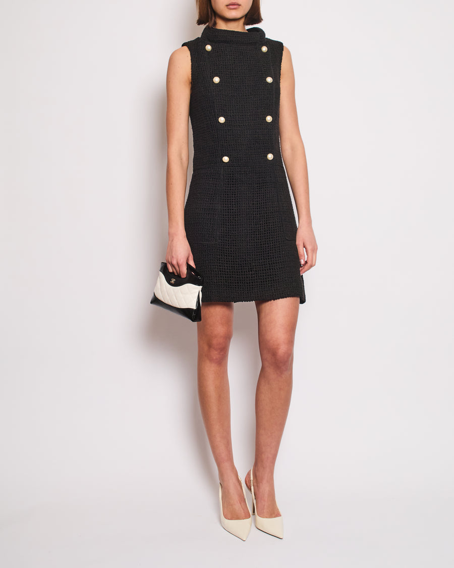 Chanel Black Knit Sleeveless Mini Dress with White Pearl Logo Details FR 40 (UK 12)