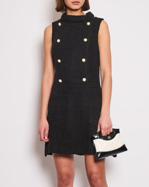 Chanel Black Knit Sleeveless Mini Dress with White Pearl Logo Details FR 40 (UK 12)