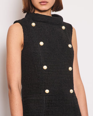 Chanel Black Knit Sleeveless Mini Dress with White Pearl Logo Details FR 40 (UK 12)