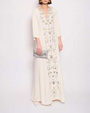 *HOT* Oscar De La Renta Cream Mid Sleeve Silk Maxi Gown Dress with Embellishment Details Size M (UK 10)