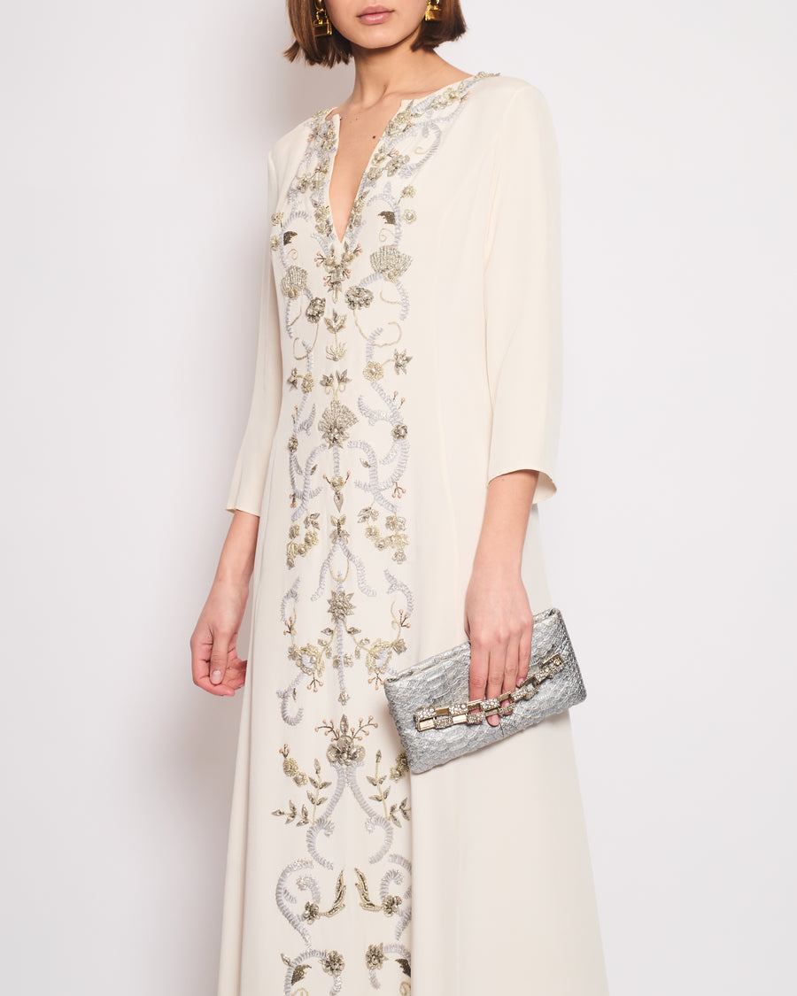 *HOT* Oscar De La Renta Cream Mid Sleeve Silk Maxi Gown Dress with Embellishment Details Size M (UK 10)