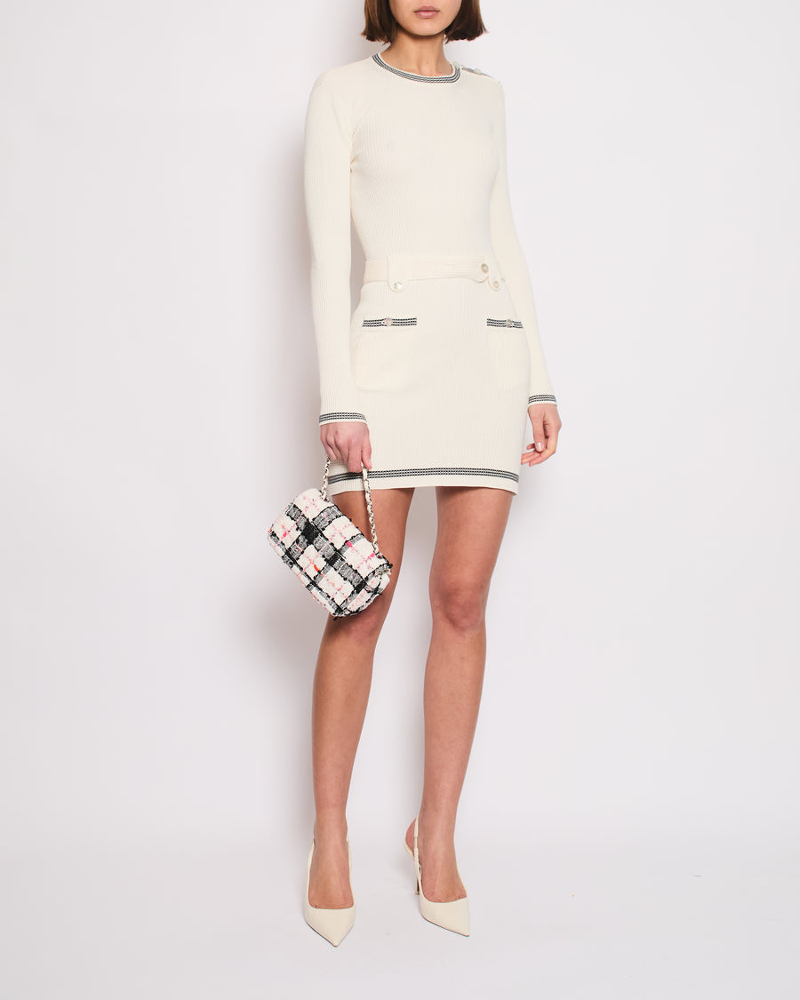 Chanel 22C Cream Knit Long Sleeve Mini Dress with Black Detail and Pearl Logo Buttons Size FR 34 (UK 6) RRP £2450