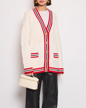 Gucci Cream, Red and Blue GG Knit Wool Blend Cardigan with Stripe Trim and Gold Buttons Size S (UK 8)