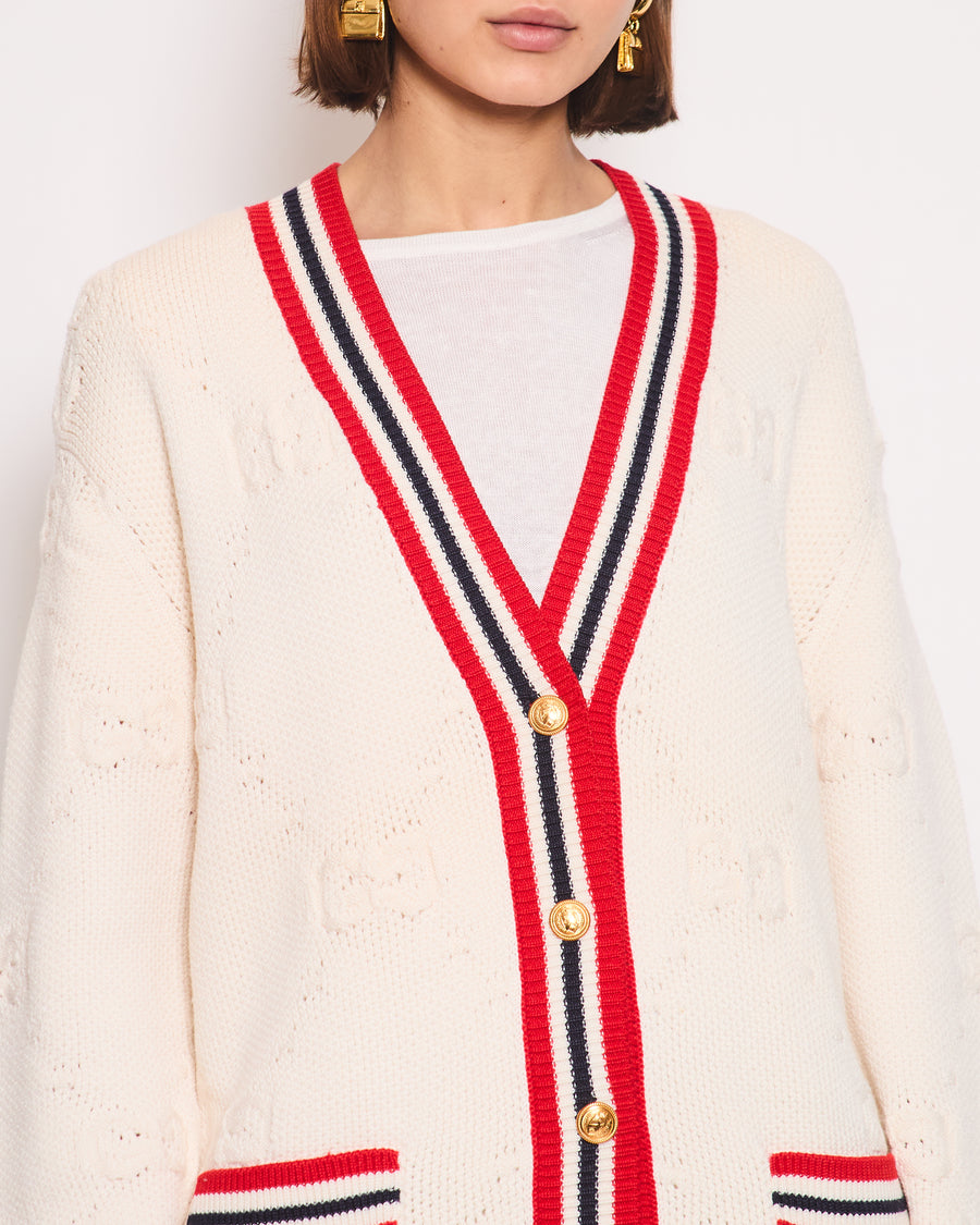 Gucci Cream, Red and Blue GG Knit Wool Blend Cardigan with Stripe Trim and Gold Buttons Size S (UK 8)