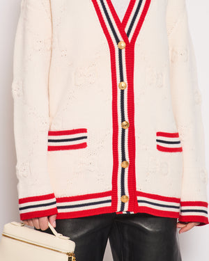 Gucci Cream, Red and Blue GG Knit Wool Blend Cardigan with Stripe Trim and Gold Buttons Size S (UK 8)