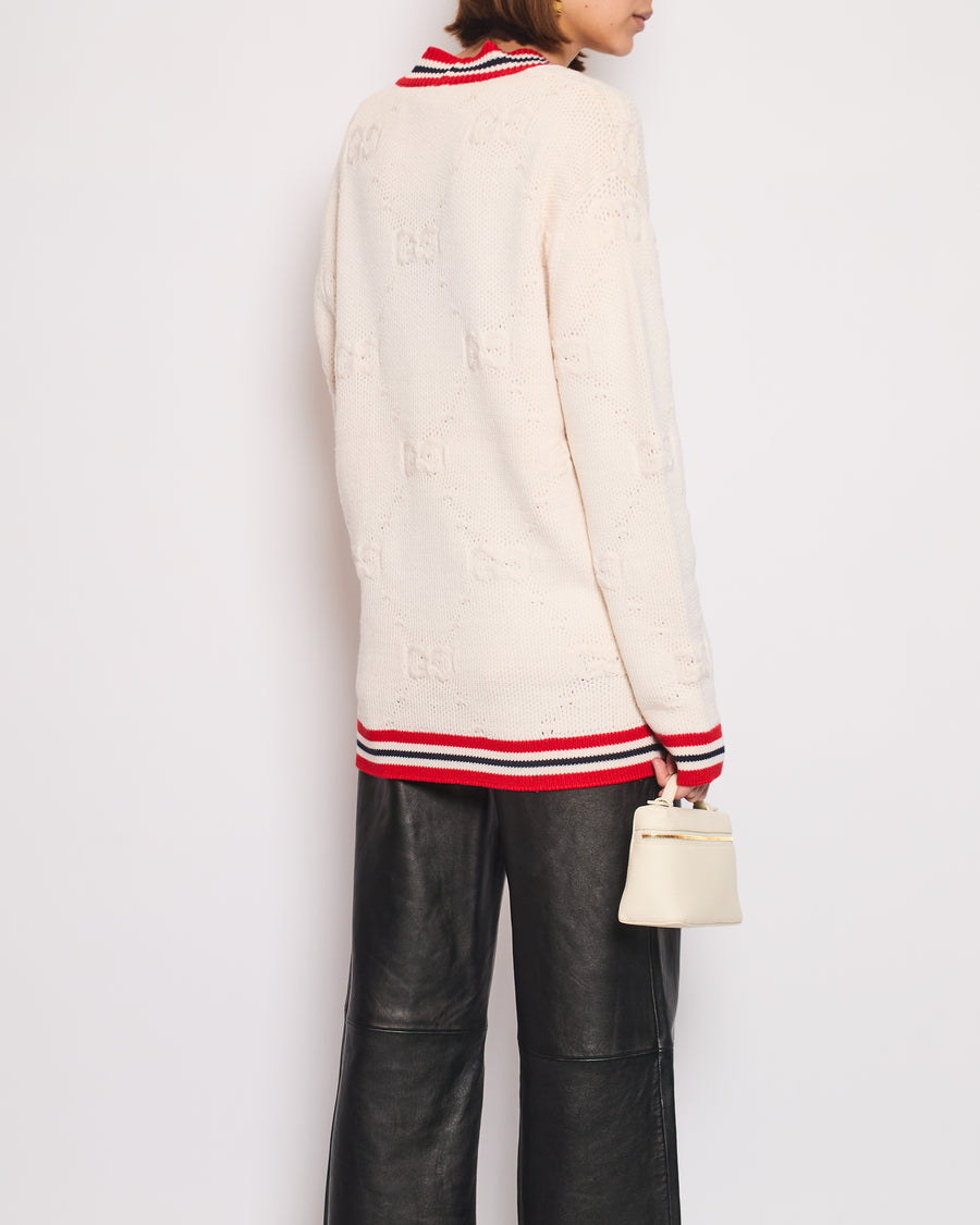 Gucci Cream, Red and Blue GG Knit Wool Blend Cardigan with Stripe Trim and Gold Buttons Size S (UK 8)