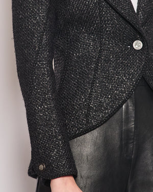 Chanel Black Coated Tweed Curved Hem Jacket with Silver CC Button Detail FR 36 (UK 8)