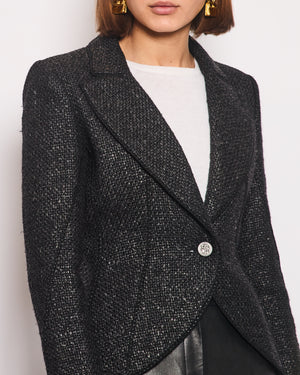 Chanel Black Coated Tweed Curved Hem Jacket with Silver CC Button Detail FR 36 (UK 8)