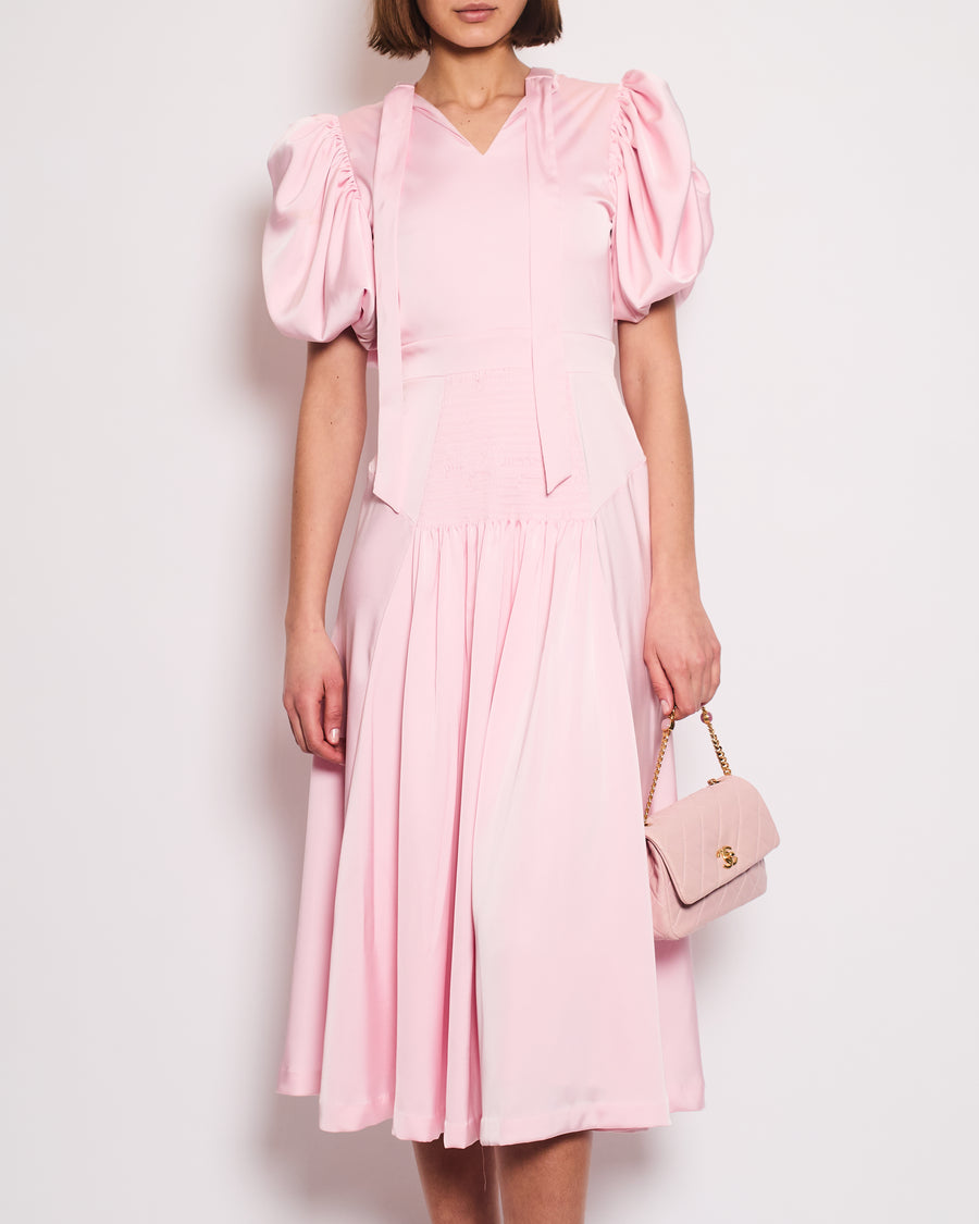 Rotate Pink Satin Ruched Shoulder Midi Dress Size FR 36 (UK 6)