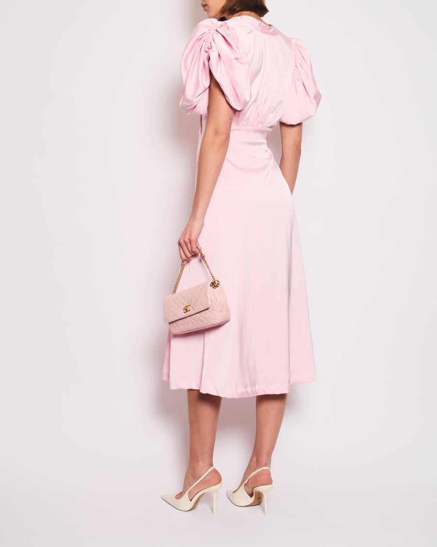 Rotate Pink Satin Ruched Shoulder Midi Dress Size FR 36 (UK 6)