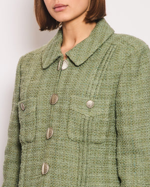 Chanel Pistachio Green Tweed Jacket with CC Silver Split Button Detail Size FR 44 (UK 12)