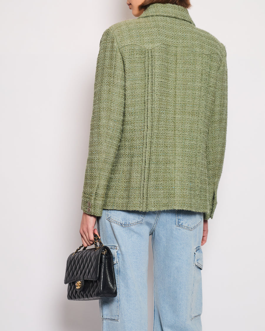 Chanel Pistachio Green Tweed Jacket with CC Silver Split Button Detail Size FR 44 (UK 12)