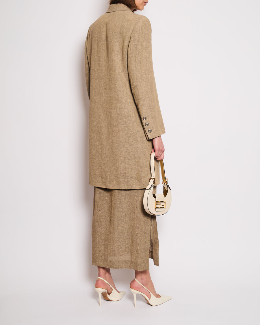 Chanel Sand Beige Linen Long Jacket with Silver CC Button Detail Size FR 40/42 (UK 12/14)