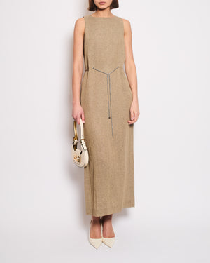 Chanel 08P Beige Sleeveless Linen Maxi Dress with Silver CC Logo Chain Detail FR 40 (UK 12)