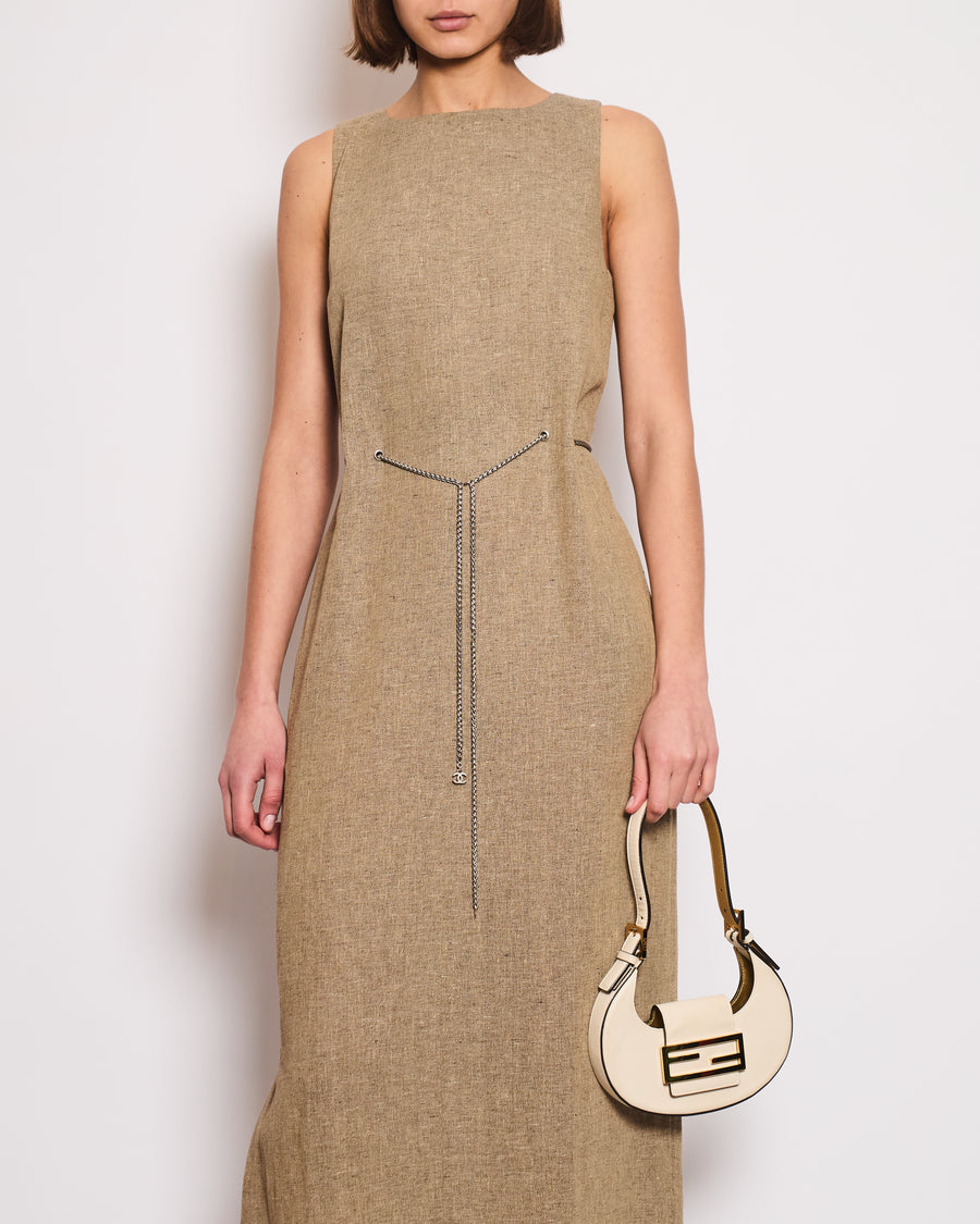 Chanel 08P Beige Sleeveless Linen Maxi Dress with Silver CC Logo Chain Detail FR 40 (UK 12)